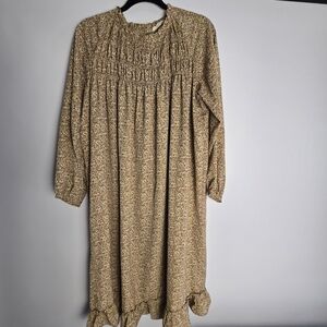 Indigo Soul Mustard Floral Print Smocked Long Sleeve Midi Dress 40 Inches Long